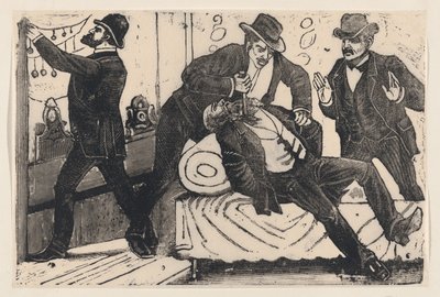 Arkadaşları bir mağazayı yağmalarken başka bir adamı göğsünden bıçaklayan bir adam, bir..., ca. 1890-1891. by José Guadalupe Posada