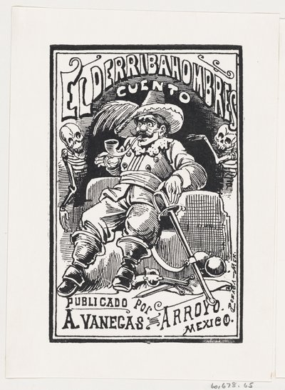 Silahlı ve ağzında pipo olan bir adam, iki iskeletle çevrili, illüstrasyon..., yakl. 1880-1910. by José Guadalupe Posada