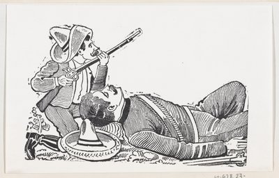 Düşmüş bir devrimciyi korumak için tüfek tutan ve diz çöken bir devrimci, c..., ca. 1880-1910. by José Guadalupe Posada
