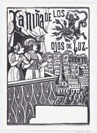 Bir kadın ve bir adam balkonda durmuş gökyüzünde uçan bir canavara bakıyor..., yakl. 1880-1910. by José Guadalupe Posada