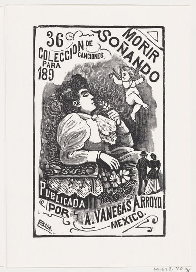 Başını arkaya atmış bir sandalyede oturan ve elinde çiçek tutan bir kadının profili, il..., ca. 1890. by José Guadalupe Posada