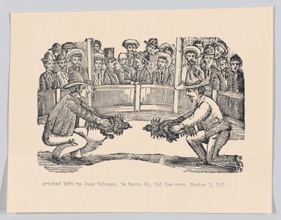 Bir arenada bir dövüşe hazırlanmak için ellerinde horoz tutan iki adam, spe..., ca 1890-1910, 1964'te yeniden basıldı. by José Guadalupe Posada