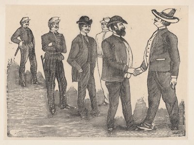 Ön planda el sıkışan iki adam ve arka planda onları izleyen memurlar..., ca. 1880-1910. by José Guadalupe Posada