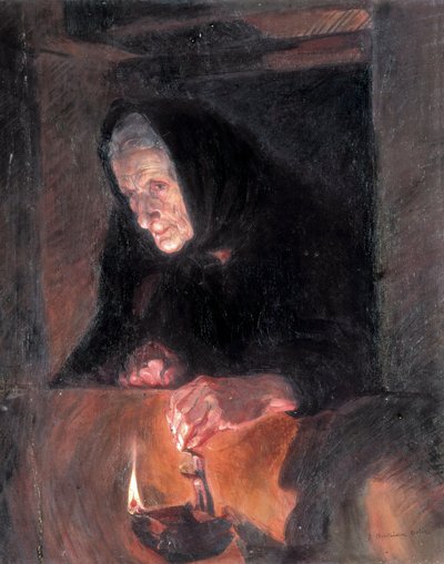 Yaşlı kadında gaz lambası var. Jose BENLLIURE ORIZ (1884-1916) tarafından tablo Tuval üzerine yağlı boya. Valensiya. Bellas Artes San Pio V Müzesi by Jose Benlliure Ortiz
