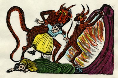 José Guadalupe Posada (1852 - 1913). Josephina Lora bir şeytan tarafından cehenneme sürükleniyor. Ksilografik suluboya, Mexico City by Jose Guadalupe Posada