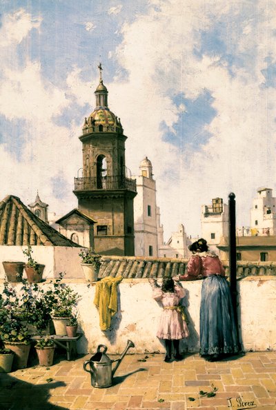Cadiz'deki çatı terası. Bir anne ve kızı muhtemelen terasın ortasındaki sulama kabıyla bitkileri sulamaktadır. Jose PEREZ SIGUIMBOSCUM (19. yüzyıl), 19. yüzyıl sonu Tuval üzerine yağlı boya. Cadiz, Museo İl de Cadiz. by Jose Perez Siguimboscum