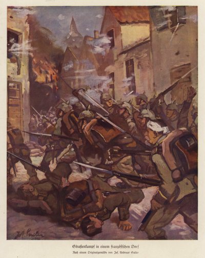 Bir Fransız köyünde sokak savaşı, I. Dünya Savaşı (renkli lito) by Josef Andreas Sailer