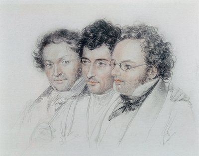 Soldan sağa, bestecilerin arkadaşları Johann Baptist Jenger (1793-1856), Anselm Huttenbrenner (1794-1868) ve Franz Schubert (1797-1828), Josef Teltscher tarafından pastel by Josef Eduard Teltscher