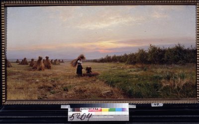 Akşam ışığında hasat edin. (Akşam Işığında Hasat). Samanlıklarla dolu bir tarlada çalışan iki kadın. Iosiph Evstafievich Krachkovsky (1854-1914) tarafından tablo, tuval üzerine yağlıboya by Josef Evstafievich Krachkovsky