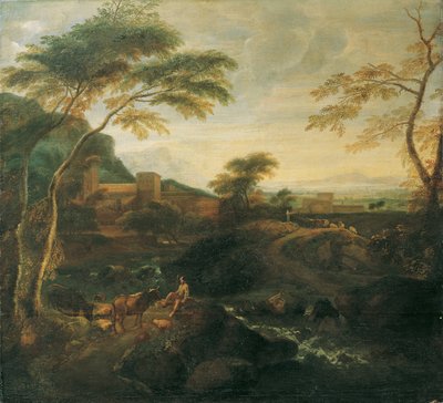 Otlayan inekler ile manzara by Josef Faistenberger