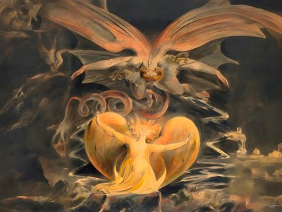 JJM-recreate_Blake-W_Büyük kırmızı ejderha ve güneşe bürünmüş kadın by Josef Johann Michel