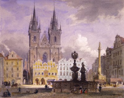 Krocín Çeşmesi, Prag, 1864 (renkli çelik gravür) by Josef Vojtech Hellich
