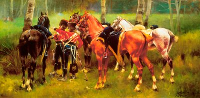 ""Ormandaki hafif süvari eri ve atlar grubu"" Josep Cusachs i Cusachs (1851-1908) tarafından yapılan resim. 1905. by Josep Cusachs y Cusachs
