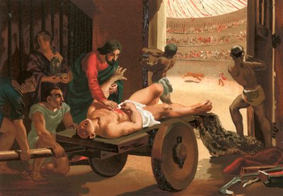 Galen, Bergamo sirkinde yaralanan bir gladyatöre yardım ediyor by Josep or Jose Planella Coromina