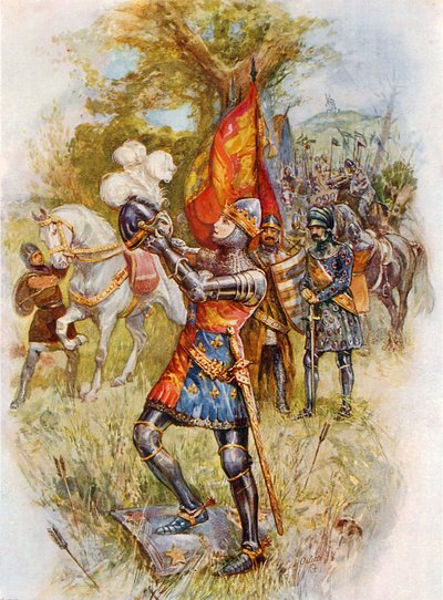 Edward, Kara Prens, Crecy savaşında (renkli taş baskı) by Joseph (after) Finnemore