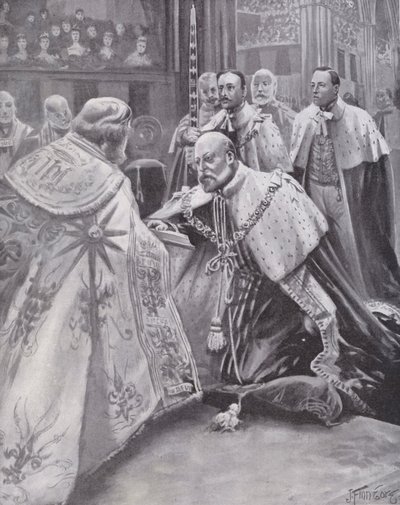 Kral Edward VII, taç giyme töreninde yemin ederken, Westminster Abbey, Londra by Joseph (after) Finnemore