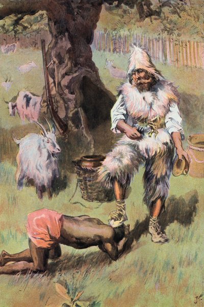Robinson Crusoe: Ayağımı başına koyuyor (renkli taş) by Joseph (after) Finnemore