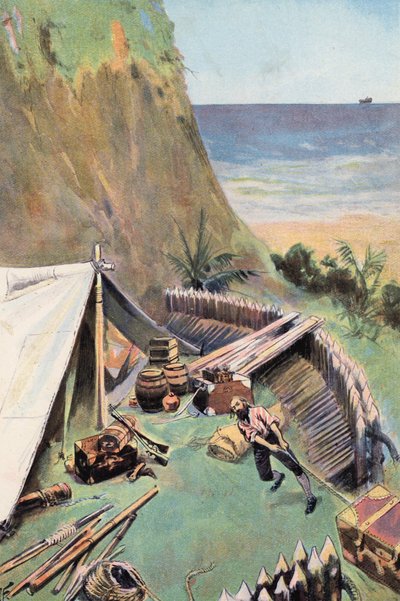 Robinson Crusoe: Mağazalarımı topluyorum (renkli litho) by Joseph (after) Finnemore