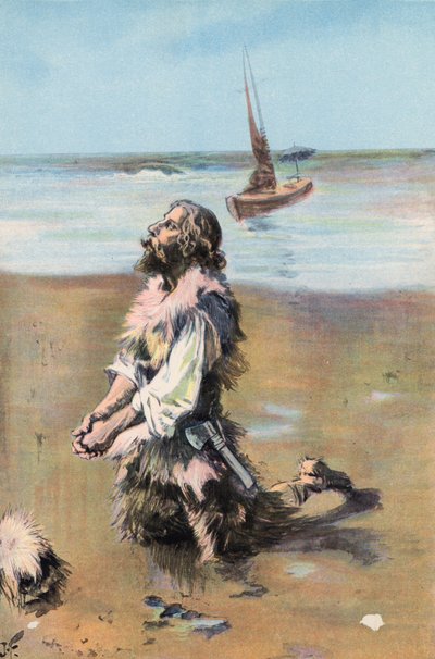 Robinson Crusoe: Kurtuluşum için şükrediyorum (renkli lito) by Joseph (after) Finnemore