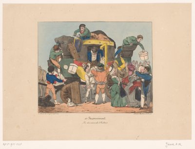 Yolcular dönüş yolculuğundan sonra bir omnibüsten iniyor Les douceurs du retour (nesne üzerindeki başlık) Rahatsızlık (dizi adı) Uygunsuz (nesnede dizi başlığı) by Joseph Ambroise Jobard