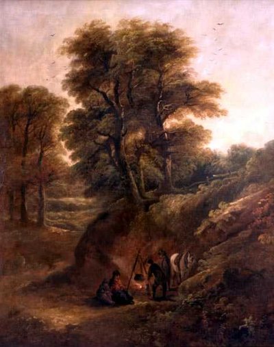 Çingenelerin Ateşin Etrafında Olduğu Ormanlık Manzara (tuval üzerine yağlı boya) by Joseph Barker