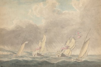 İki Sloop Savaş, Bir Barque ve Bir Schooner (?), Sterns Forward, Ağır Denizlerde; Arka Planda Birkaç Yelkenli Gemi by Joseph Cartwright