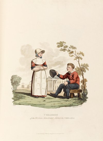 Kraliyet Askeri İltica Çocukları, Chelsea, 1813 (renkli aquatint) by Joseph Constantine Stadler