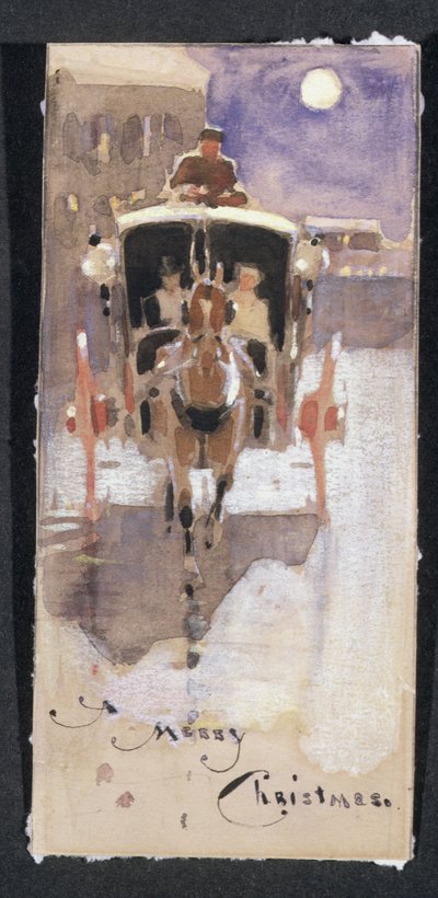 Hansom Cab ile Noel Kartı (kağıt üzerinde beyaz tebeşirle yükseltilmiş wc) by Joseph Crawhall