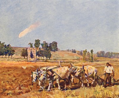 Roma: Roma kırsalı, çift süren öküzler (renkli lito) by Joseph Felix Bouchor