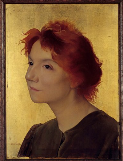 Yvette Guilbert (1867-1944) şarkıcısının portresi. Altın arka planda kızıl saçlı bir kadının portresi. Joseph Granie