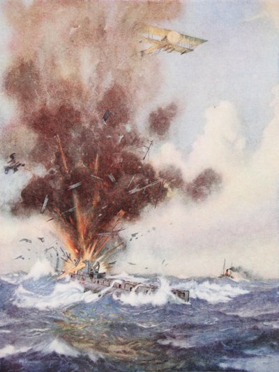 Bölük Komutanı AW Bigsworth, suyla dolan ve Oostende açıklarında batan bir Alman denizaltısına bombalarla saldırıyor by Joseph Harold Swanwick