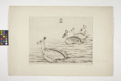 Cerfs Indochinois I (Çinhindi Geyiği I) (krem dokuma kağıda oyma) by Joseph Hecht
