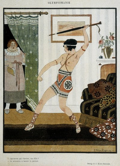 Antika kostümlü genç kız şemsiyeyle cirit atmak için eğitim alıyor. Olimpiyatların coşkusunu gösteren fantezi poster. J. Kuhn Regnier tarafından 1920 civarında çizim. by Joseph Kuhn Regnier