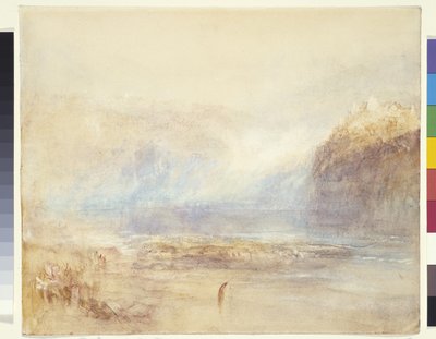 Schaffhausen'de Ren Şelaleleri - Uzak Görünüm (beyaz kağıt üzerine gri astar üzerine suluboya, kalem ve kırmızı mürekkep) by Joseph Mallord William Turner
