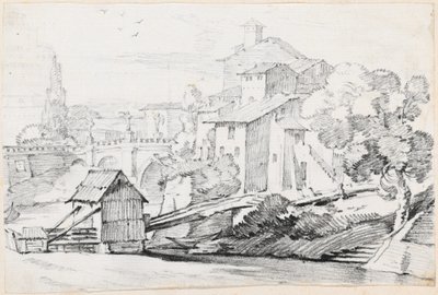 Ponte Sant'Angelo ve Tiber'in Doğu Yakasındaki Evler by Joseph Marie Vien