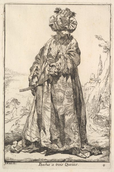 "Sultan Kervanı..., 1748" dizisinden iki eliyle kalçasında bir kılıç tutan Paşa. by Joseph Marie Vien the Elder