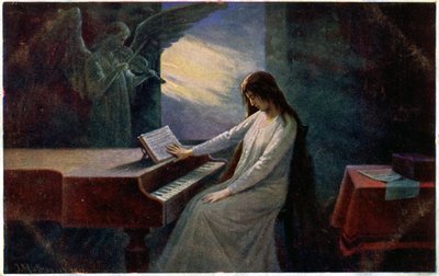 Müzik. Son akor. Piyanoda ölen kadın. İllüstrasyon, Josef Mathauser, Çek Cumhuriyeti, 1910 dolayları (kartpostal) by Joseph Mathauser