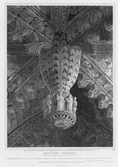 Roslyn Şapeli, doğu ucunda bir kolye ve kasık görünümü, S. Noble tarafından oyulmuş, 1810 by Joseph Michael Gandy