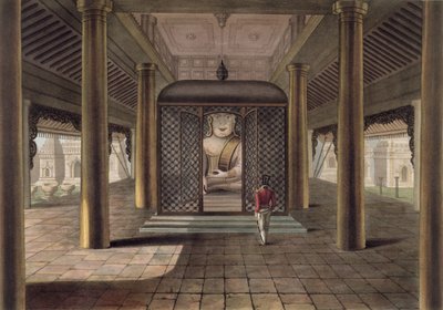 A soldier standing in a Rangoon temple, engraved by George Hunt, 1825 (coloured aquatint) by Joseph Moore
