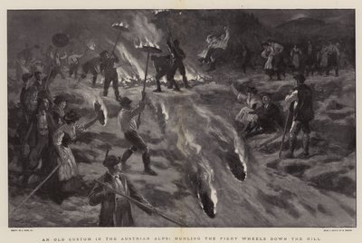 Avusturya Alplerinde Eski Bir Gelenek, Ateşli Tekerlekleri Tepeden aşağı fırlatıyor by Joseph Nash