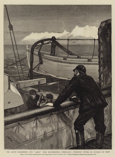 Kuzey Kutbu Seferi, Holsteinborg, Grönland, Sternpost Cutter veya Skids üzerinde Buz Teknesi yakınlarındaki Uyarı by Joseph Nash