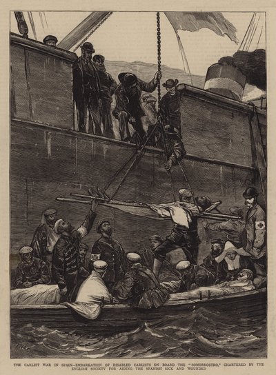 İspanya'daki Carlist Savaşı, Engelli Carlistlerin Somorrostro'ya Bindirilmesi, İngiliz Cemiyeti tarafından İspanyol Hasta ve Yaralılara yardım etmek için kiralandı by Joseph Nash