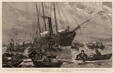 Edinburgh Dükü Yardım Filosu ile, HMS Goshawk'ın İrlanda'nın Batı Kıyısı açıklarında Achill ve Clare Adaları arasında Mağazalarla Gelişi by Joseph Nash