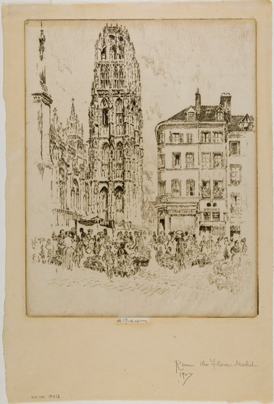 Çiçek Pazarı ve Tereyağı Kulesi, Rouen by Joseph Pennell