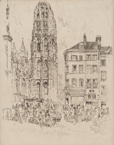 Çiçek Pazarı ve Tereyağı Kulesi, Rouen, 1907. by Joseph Pennell
