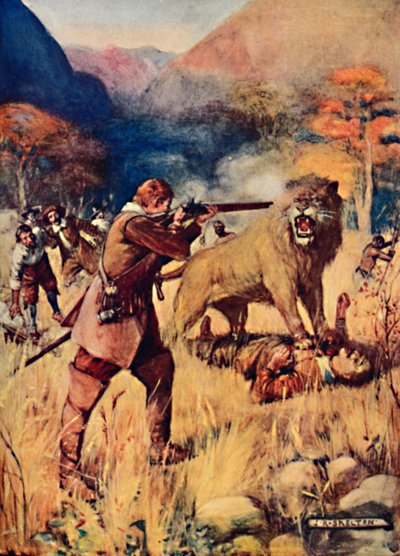 İnsanlardan birinin üzerine Büyük Bir Aslan fırladı, 1909 by Joseph Ratcliffe Skelton
