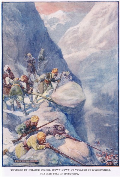 Yuvarlanan taşlar tarafından ezilen, tüfek atışlarının yaylım ateşi tarafından biçilen adamlar yüzlerce yere düştüler. by Joseph Ratcliffe Skelton