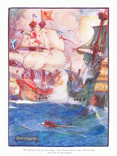 Sir Andrew, iki gemisi olan Yellow Carvel ve Flower ile birlikte beş İngiliz gemisini yendi, 1910 by Joseph Ratcliffe Skelton