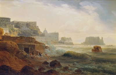 Bir kale ve ağ çeken balıkçılar ile Napoli yakınlarında sahil by Joseph Rebell
