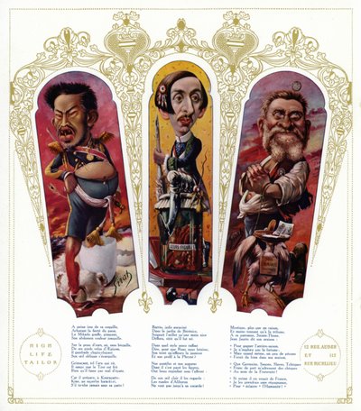 Karikatürler: Japonya İmparatoru Meiji; Maurice Barres, Fransız yazar ve milliyetçi politikacı; Jean Jaures, Fransız politikacı (renkli taş) by Joseph Sirat